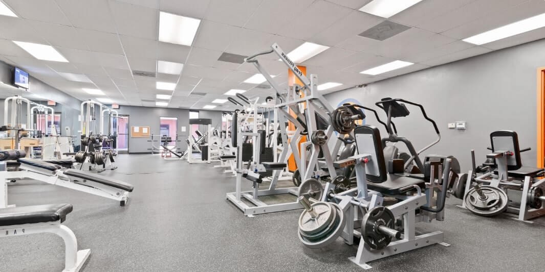 Nonconnah Corporate Center fitness facility; it's a large space with all sorts of black and white fitness machines